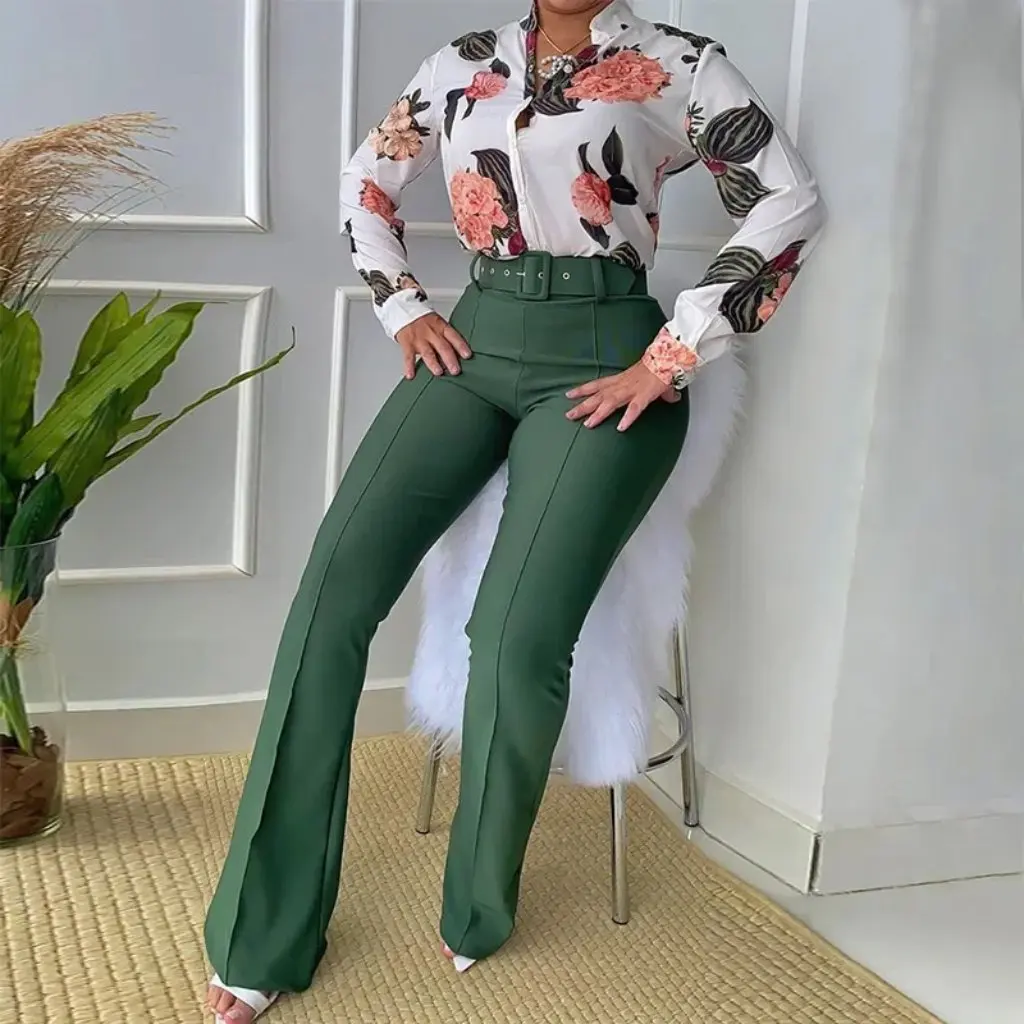 

Women's Casual Printed Suit Stand Collar Long-Sleeved Shirt Top Wide-Leg Pants Two-Piece Set European And American Style