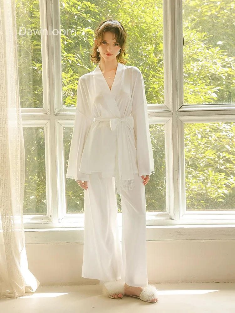 

Silk lace pajama set for women - White French-style elegant long-sleeved wide-leg pants home attire two-piece set
