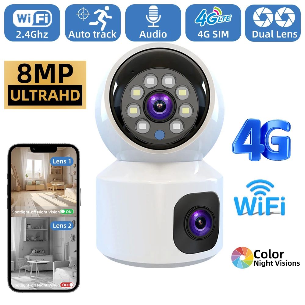

4K Dual Lens Home Security Camera 4G Night Vision Human Detection Auto Tracking 2-Way Talk Motion CCTV V380 PRO