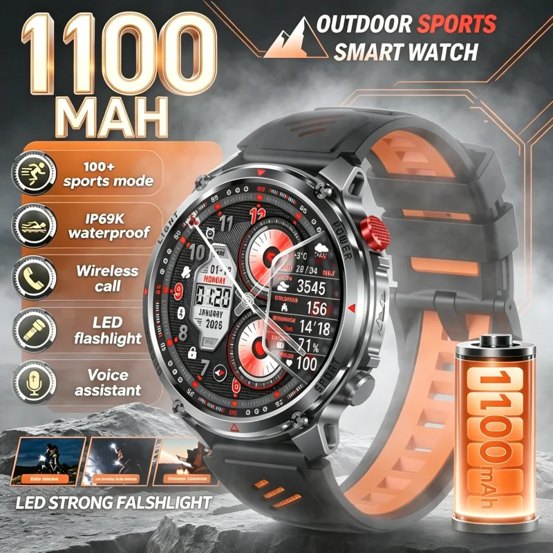

2026 T-Rex3 Ultra Smart Watchwith 110omAh Battery GPS Track Compass IP69K Waterproof Sports Tracker for Outdoors Military Use