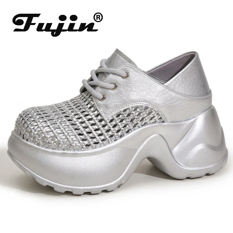 

Fujin/9 см плетеные женские сандалии из лакированной синтетической микрофибры, массивные кроссовки, блестящие туфли на танкетке на вулканизированной платформе