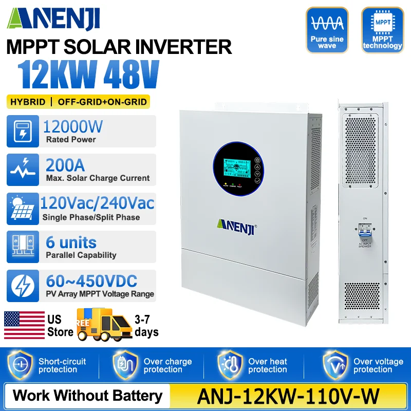 ANENJI 110V 240V 12KW Split Phase Inverter 48V Hybrid Solar Inverter Dual MPPT Dual output parallel MPPT 200A US spot