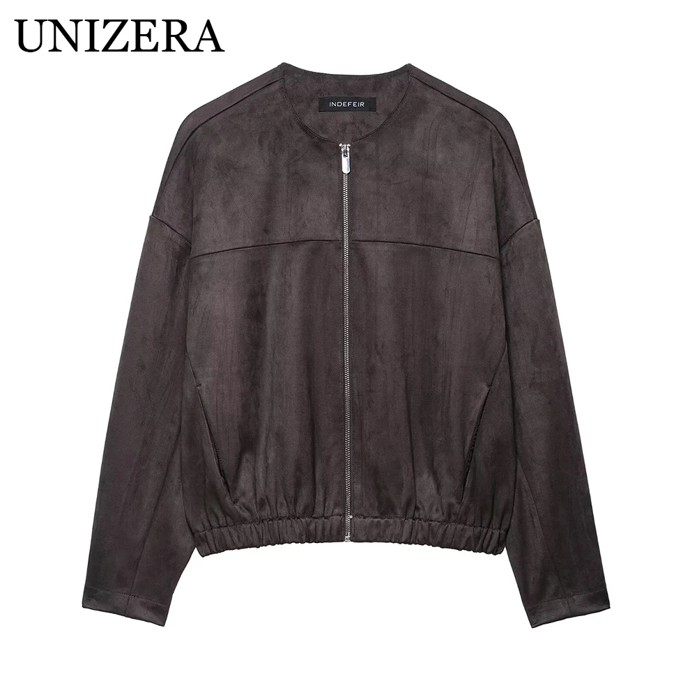 

Autumn new women's casual loose long sleeved round neck suede effect jacket short jacket