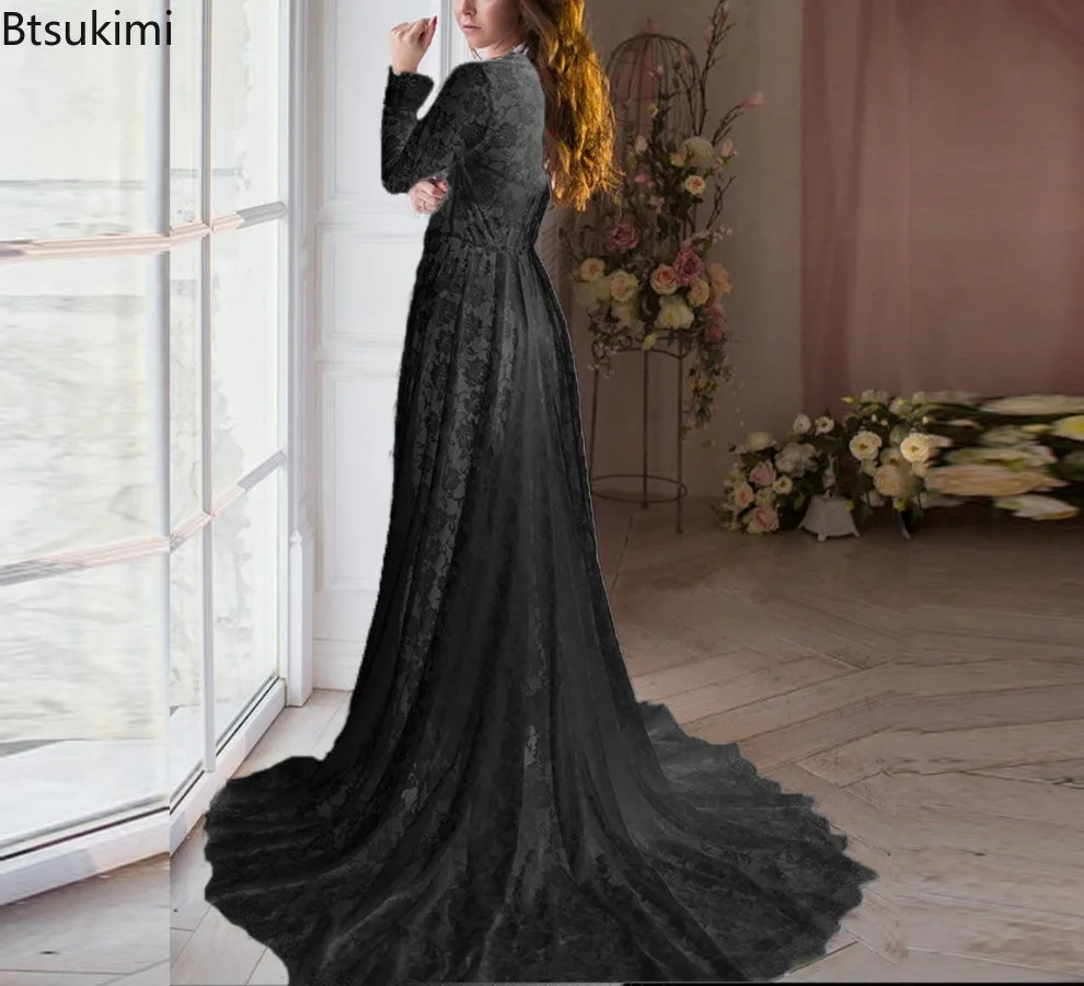 Sexy Deep V-neck Maternity Outfit Summer New Front Split Lace Long Dress Baby Shower Women's Photography Gown Fishtail Dress
