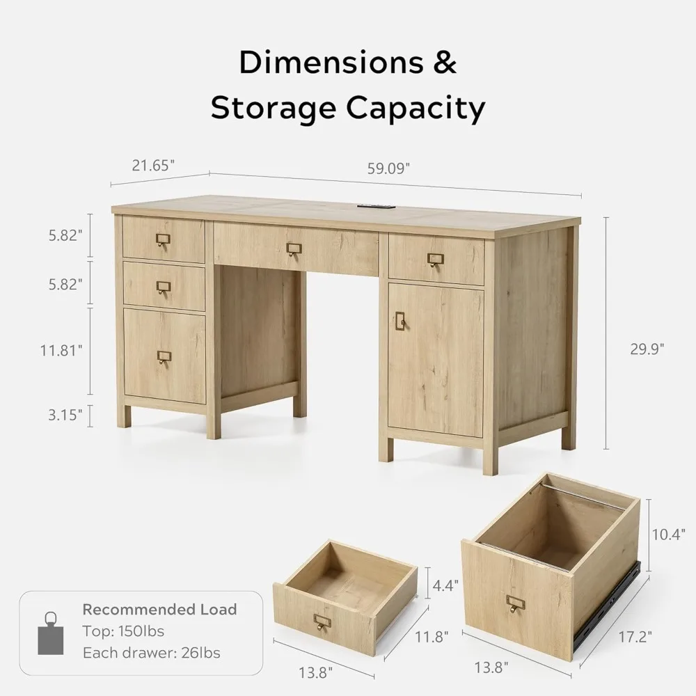 مكتب تنفيذي حديث مع خزانة أدراج الملفات، مكتب كمبيوتر مقاس 59 بوصة مع محطة شحن، محطة عمل مكتبية مع صينية لوحة مفاتيح