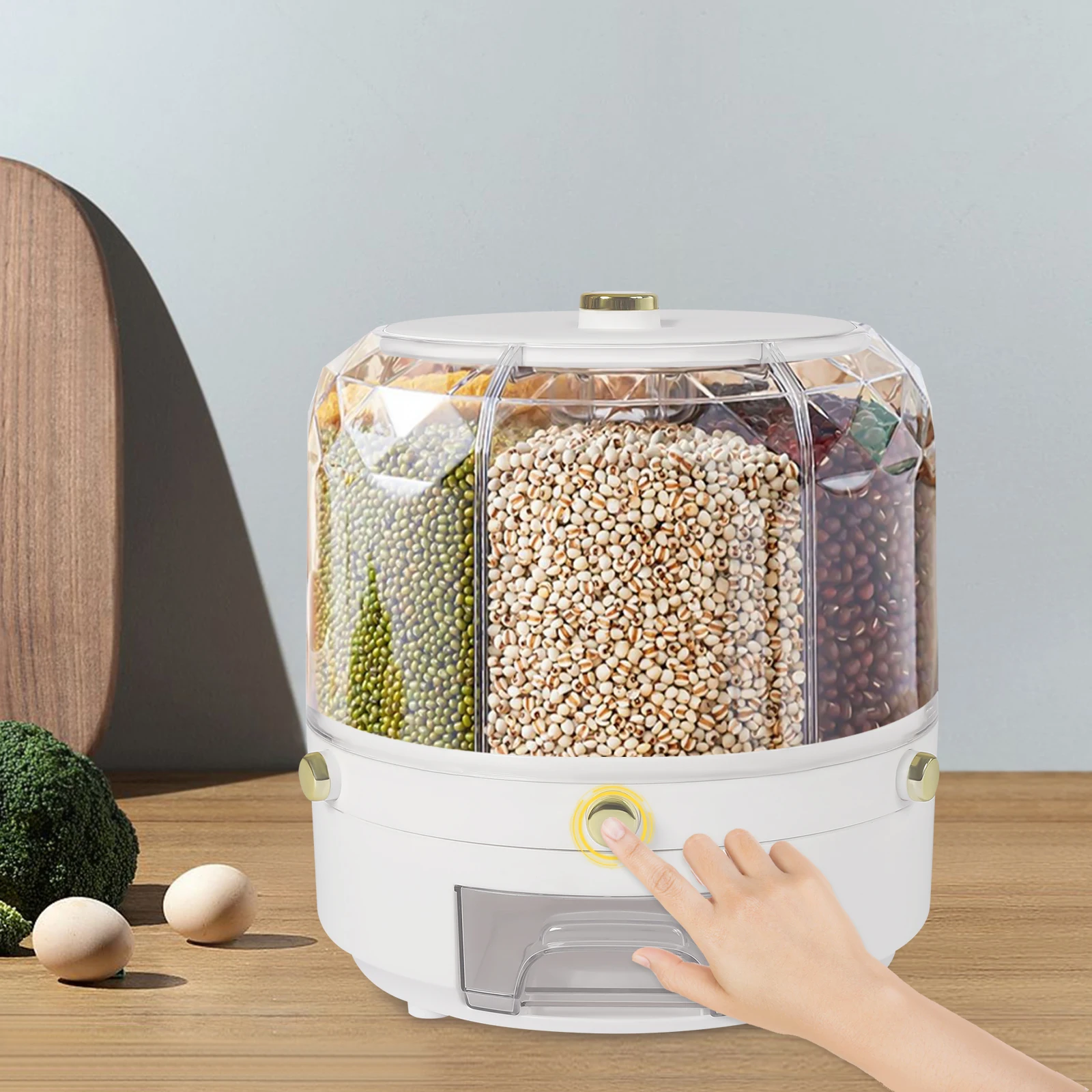 

6-Grid Rotatable Grain Dispenser Dry Food Tank Sealed Cereal Separate Bucket Rice Round Storage Container Kitchen Storage Boxes