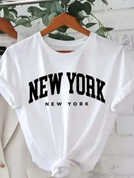 New York Letter Print Crew Neck T-Shirt Casual Short Sleeve Top for Spring & Summer Women's Clothing