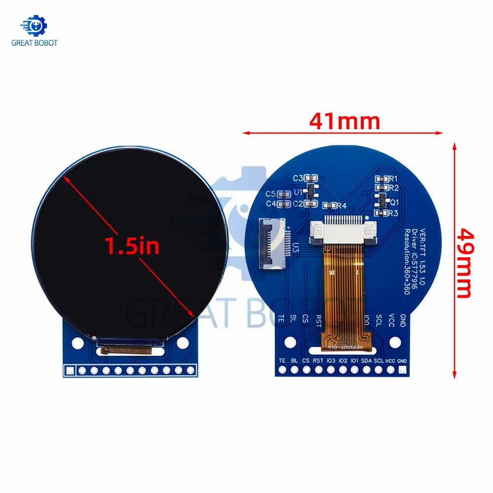 شاشة TFT LCD مستديرة مقاس 1.5 بوصة مع برنامج تشغيل ST77916: دقة 360 × 360 بكسل، واجهة QSPI، شاشة ملونة كاملة متوافقة #2