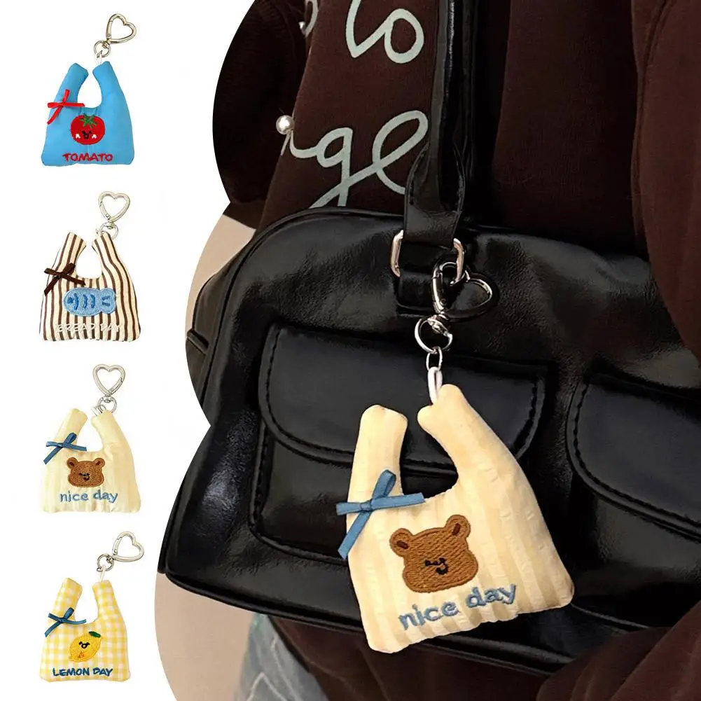 Cute Shopping Bag Pendant Charm Heart Clasp Keychain Embroidered Fabric Tote Pendant Backpack Decoration For Girls