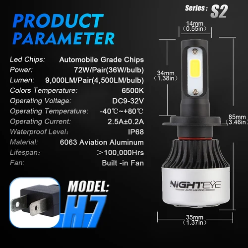 Imagen 2 del producto NIGHTEYE-bombillas led H7 para faros delanteros de coche, bombilla de luz antiniebla para automóvil, Quad, 72W, 9000LM, 6500K, 12V, ventilador incorporado