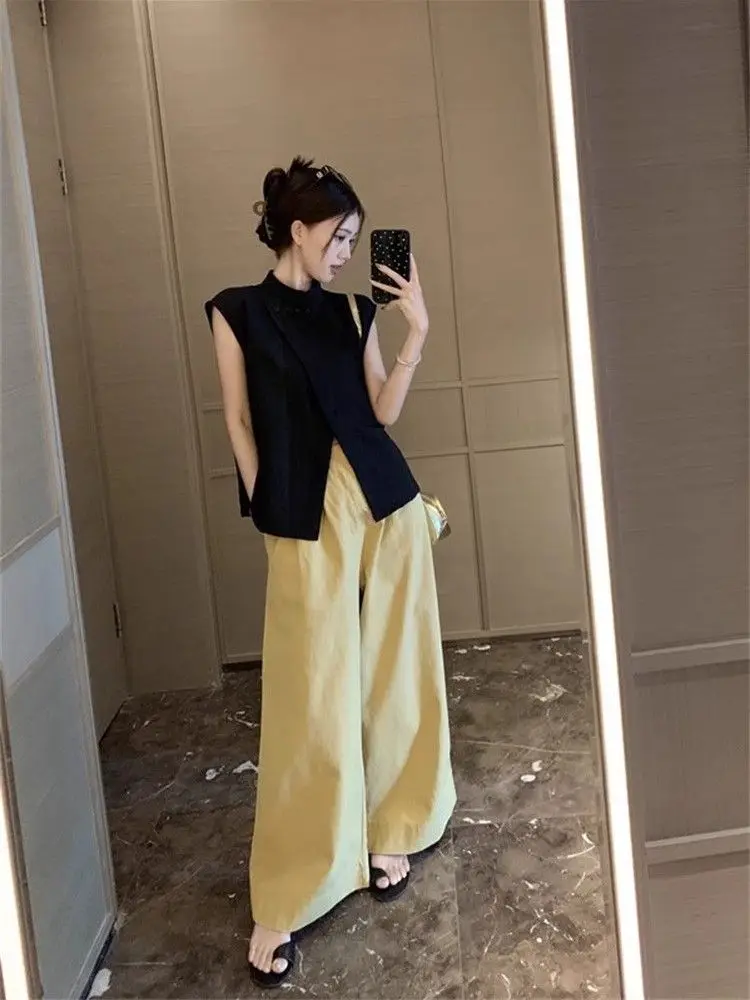 Black Half High Collar Loose Sleeveless Shirt for Women's Summer New Solid Color Versatile Slimming Casual Pants Fashion Set