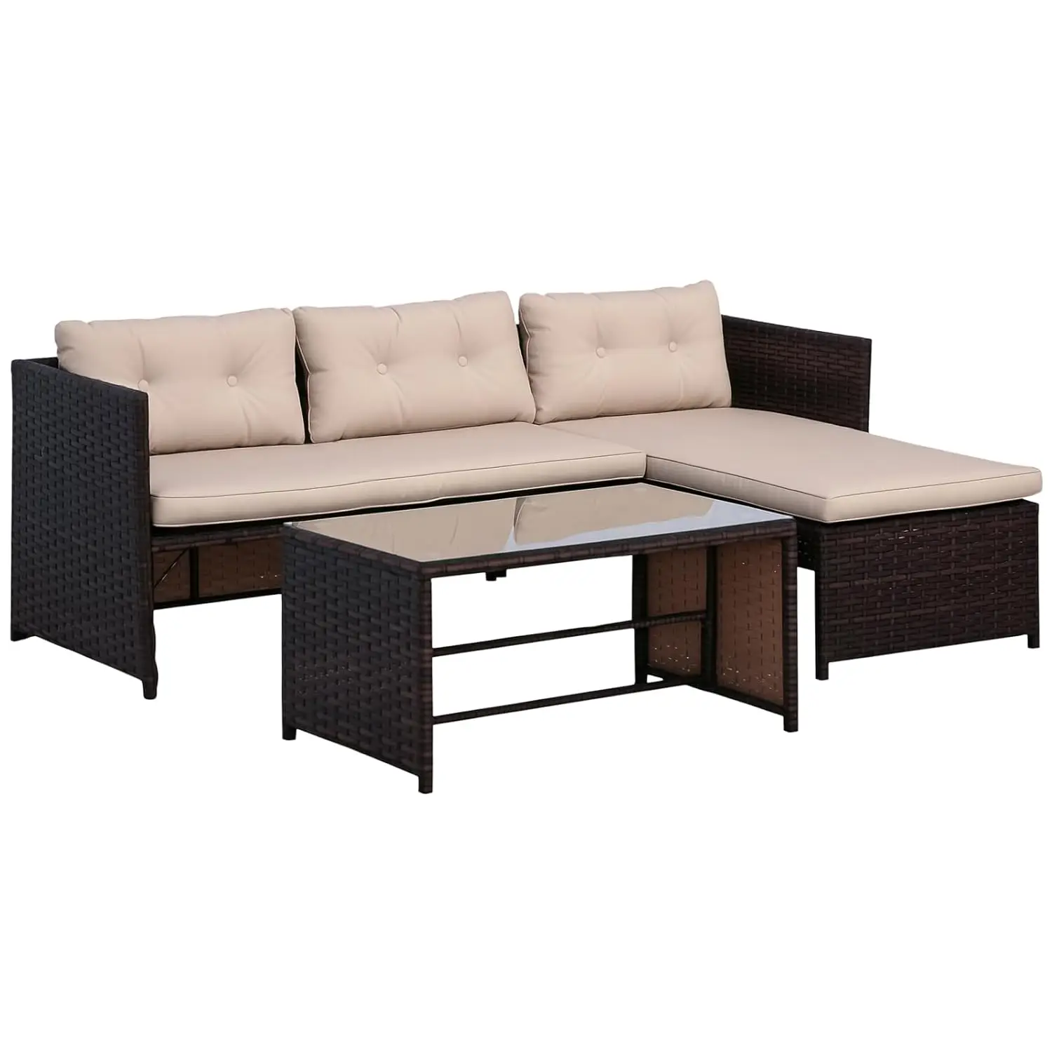 

3 Piece Patio Furniture Set, Rattan Outdoor Sofa Set with Chaise Lounge & Loveseat, Soft Cushions, Tempered Glass, Customized