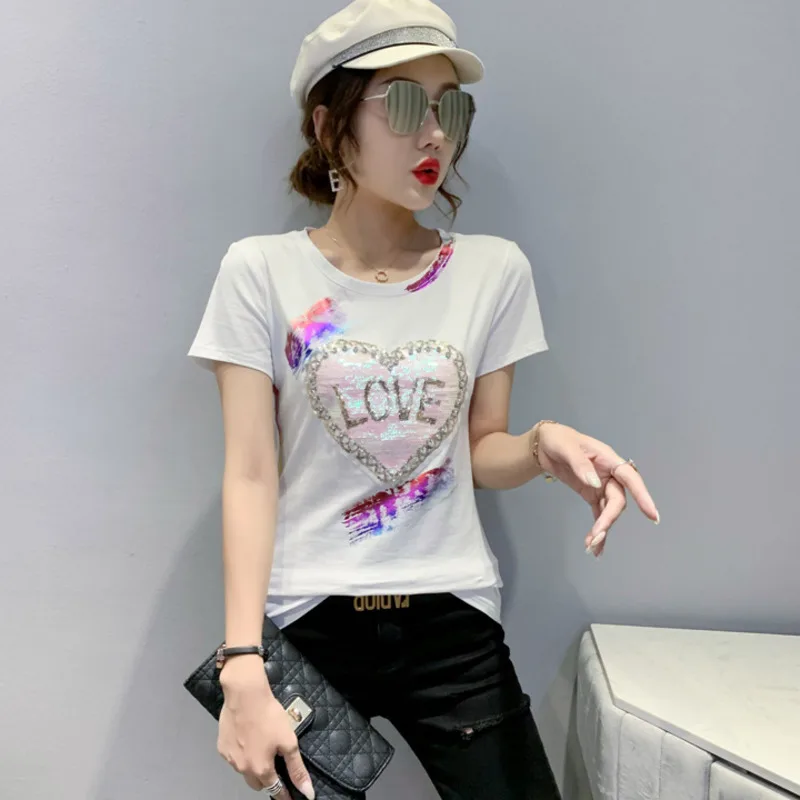 #7102 Blue White Pink Cotton Casual T Shirt With Sequins Slim Streetwear Short Sleeve T-shirt Women Summer T Shirt For Girl