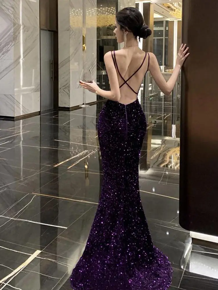 Vintage New Summer Purple Sequin V Neck Backless Elegant Slip Long Dress Women Temperament Birthday Party Sleeveless Dress Trend