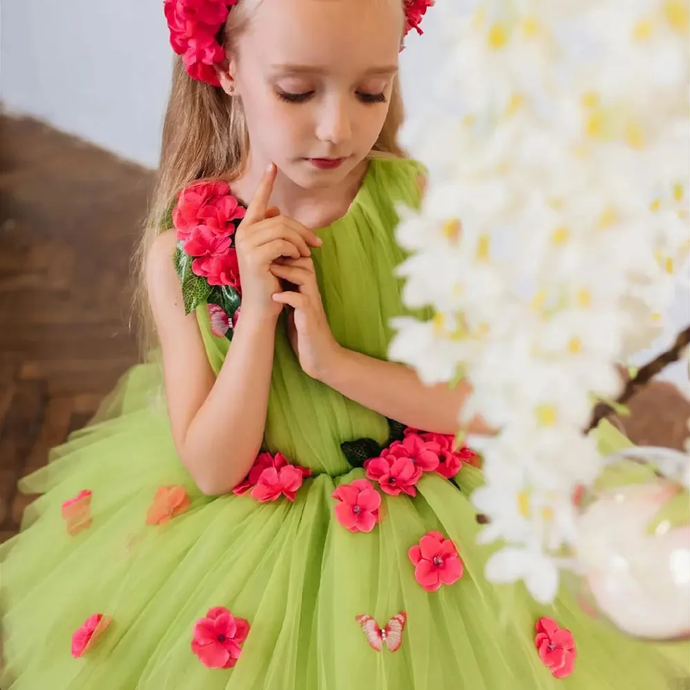 Grünes Blumen mädchen kleid für Hochzeits tüll geschwollen mit roten Applikationen Prinzessin Kinder geburtstags feier Erstkommunion Ballkleider