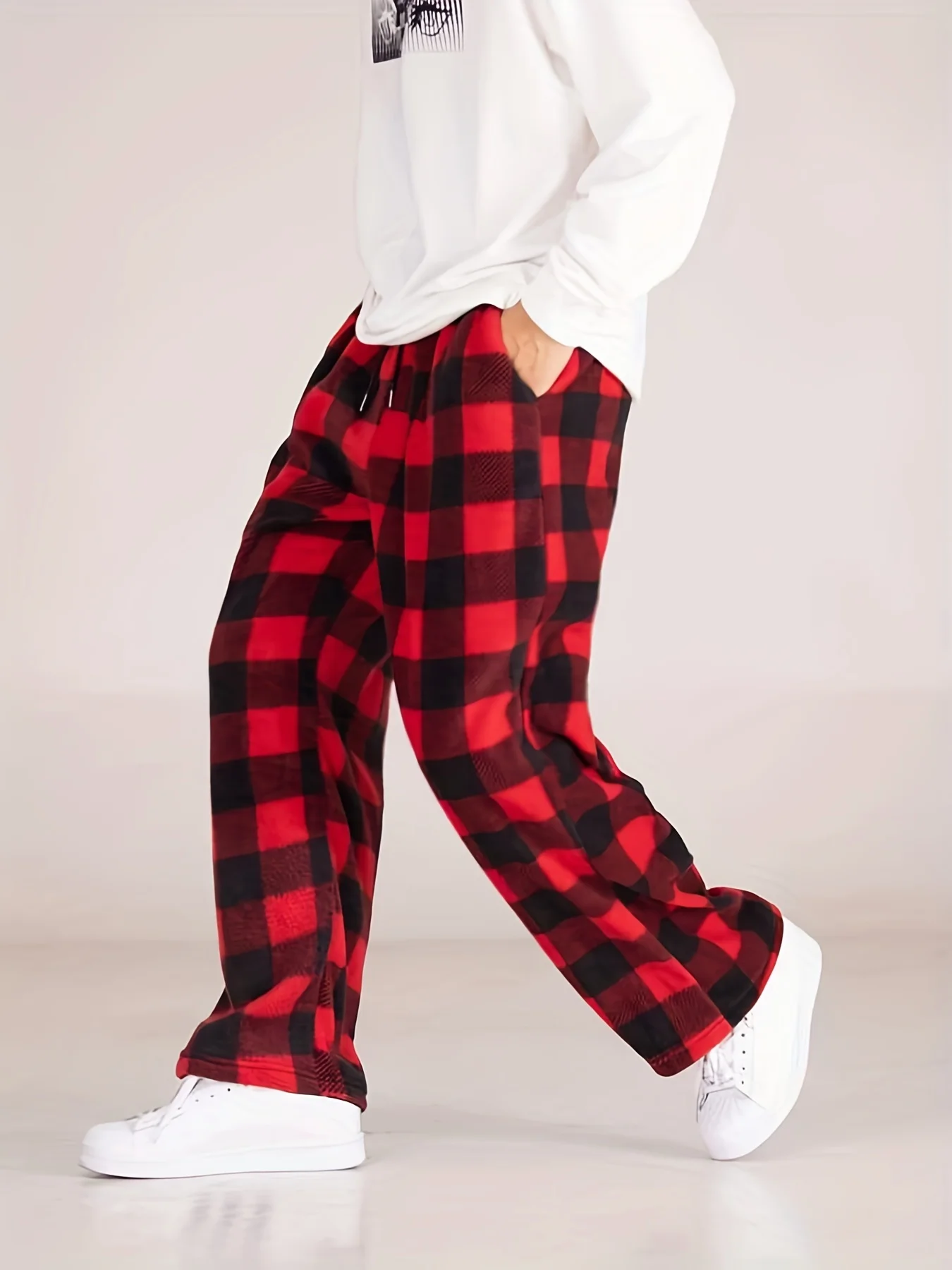 Autumn and Winter Black Red Plaid Pants Christmas Party Pants Casual Sports Versatile Loose Straight Leg Pants Men\'s American Re