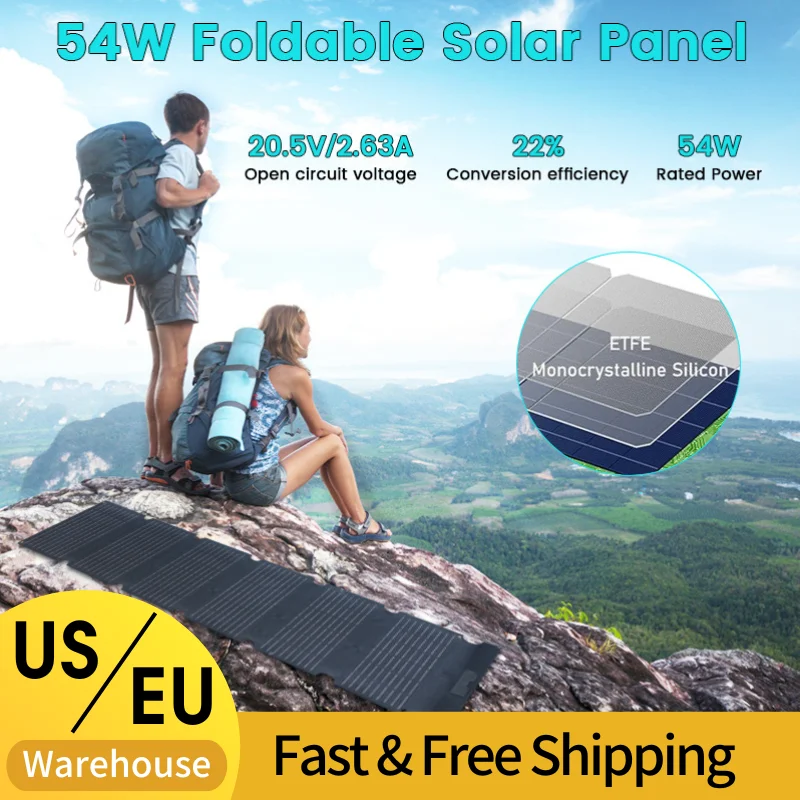 

54W Portable Solar Panel Charger 22% Efficiency 20V Waterproof Foldable Design for Outdoor Camping RV Emergency Backup Power