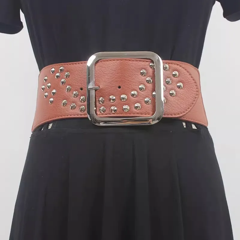 Women\'s Runway Fashion Rivet PU Leather Elastic Cummerbunds Female Dress Corsets Waistband Belts Decoration Wide Belt R858