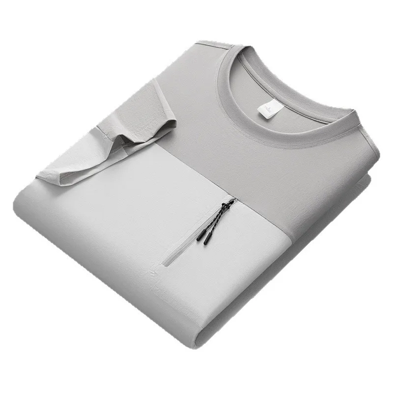 Casual Man Loose T-shirts High Elastic Tee Tops Breathable High End Ice Cool Feel Color Block Splicing Zipper Sportswear Clothes