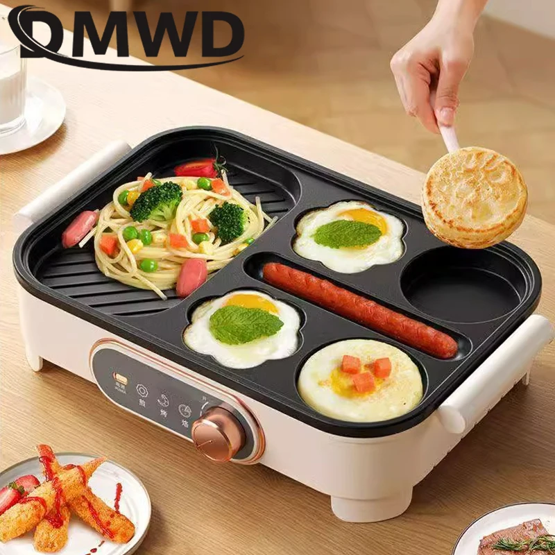 DMWD Electric Breakfast Machine Multifunctional Egg Burger Omelette Steak Sausage Frying Pan Non-Stick Mini Barbecue Pancake Pan