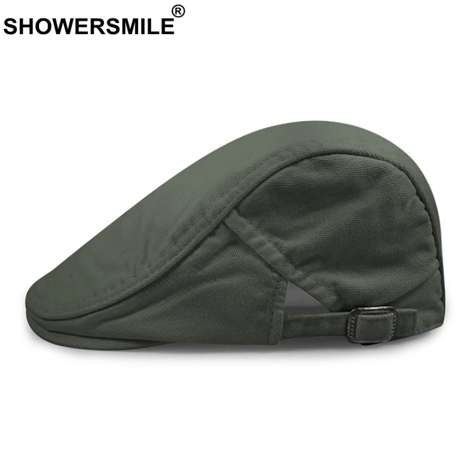 SHOWERSMILE Summer Mens Beret Canvas Hat Grey Cotton Adjustable Flat Cap Solid Vintage Ivy Hat Breathable Duckbill Cap