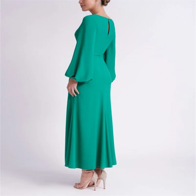 MULONG Green Long Sleeve Dress Mom Of The Bride 2023  Split Front mother V Neck Elegant Of The Bride Dress Big Size New Fashoin