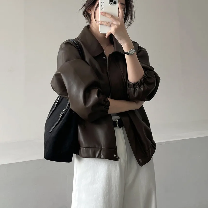 معطف نسائي أنيق عتيق فضفاض مناسب من جلد البولي يوريثان بياقة واقفة معطف Sli متعدد الاستخدامات ذو ملمس عالي الجودة