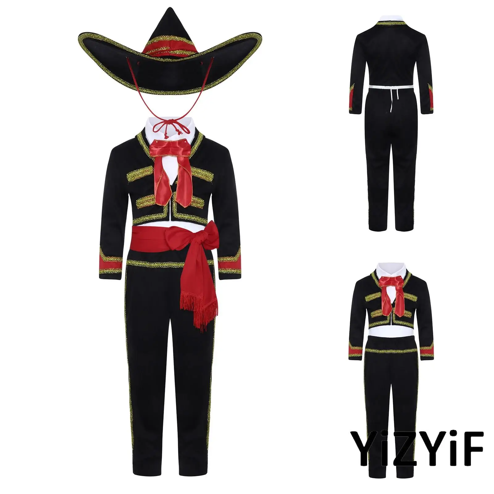 

Halloween Grand Fiesta Ensemble Boys Mariachi Costume Knot Button Jacket Pants Belt Convertible Collar Sombrero Complete Set