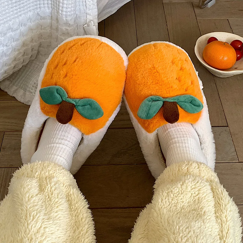Cartoon Cute Plush Orange Cotton Slippers Women's Winter Home Indoor Warm Soft Bottom Bedroom Non-slip Slippers