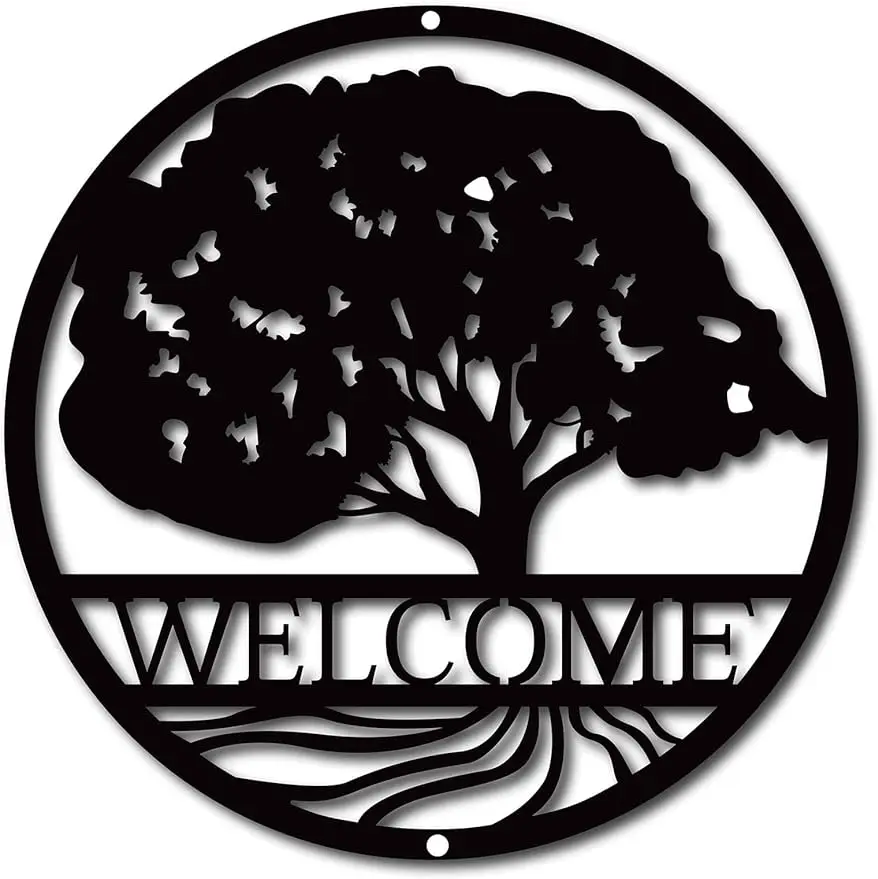 

1PC Tree of Life Metal Wall Art Welcome Round Black Wall Signs Hanging Sculpture for Home Bedroom Kitchen Garden Housewarming