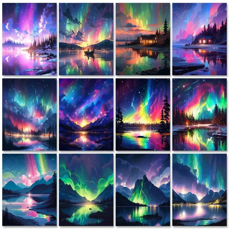 

GATYZTORY Number Kits Landscape Tree On Canvas Adult Paint By Numbers Aurora Art Figure Drawing Home Decoration