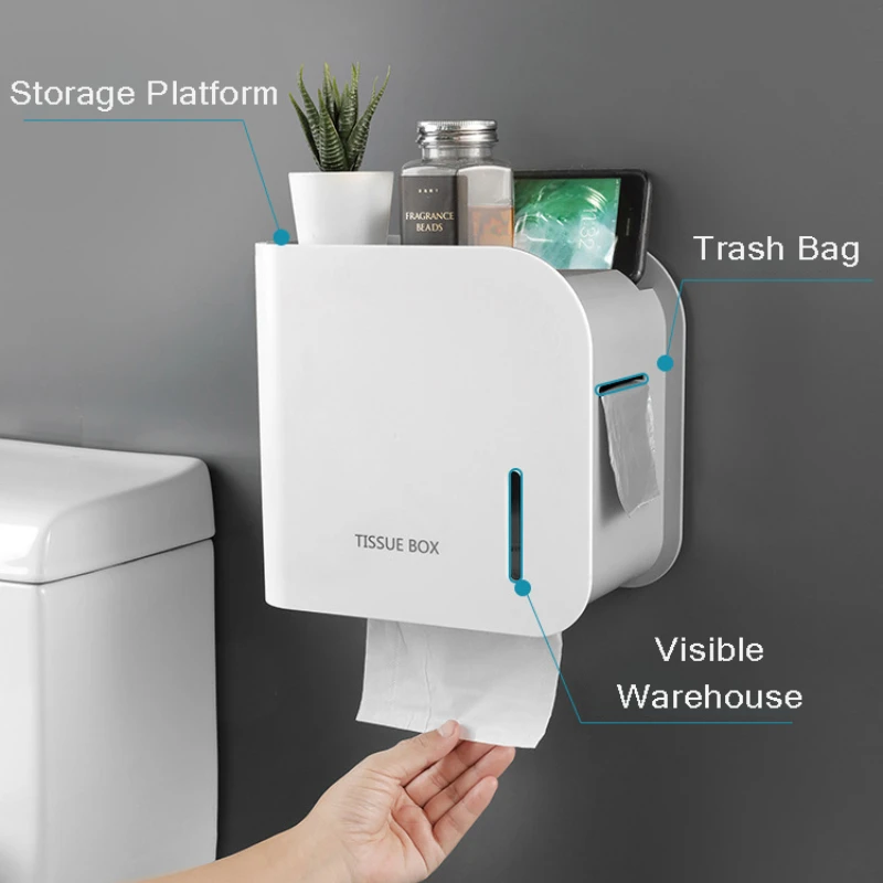 

Storage Box Toilet Paper Organizer Waterproof High Capacity Dust-proof Punch-free Wall Mounted Roll Paper Home Supplies