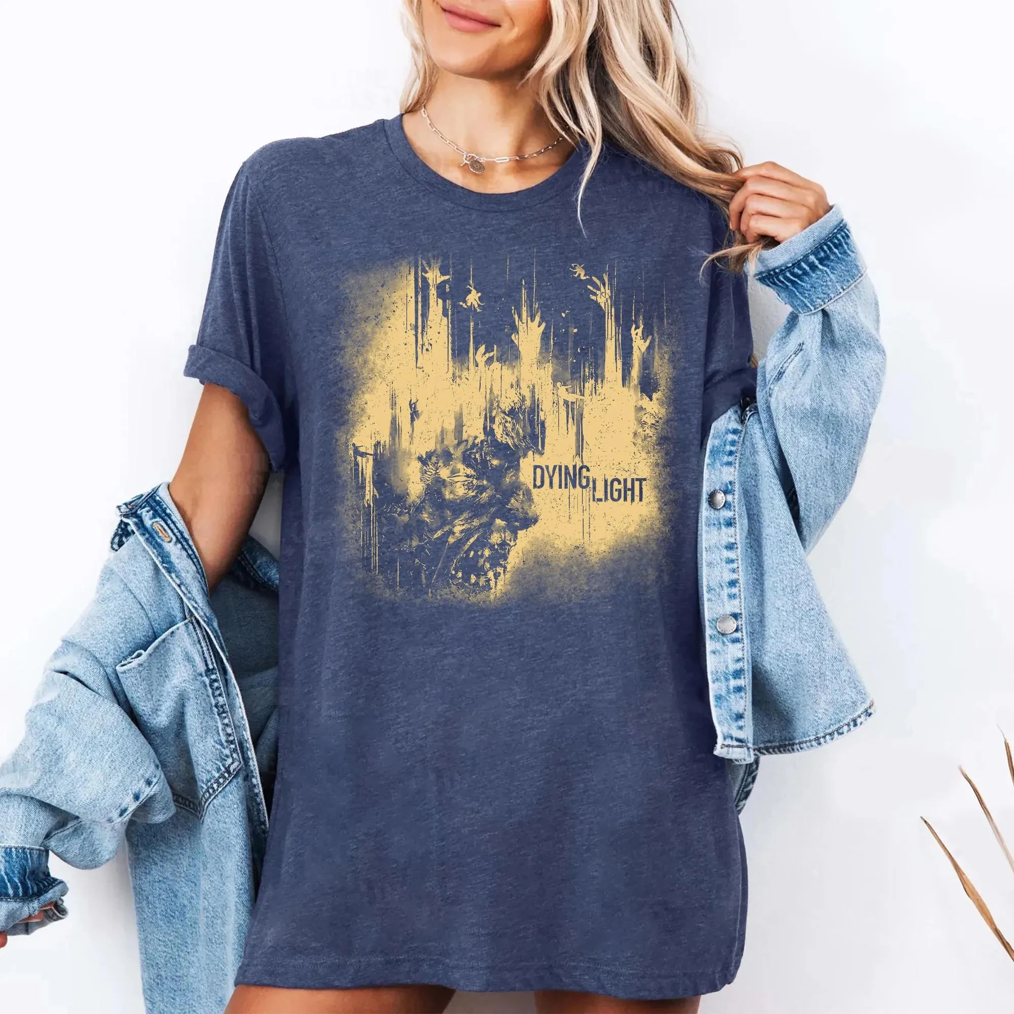 الموت ضوء الوحش قميص لعبة الرعب قميص غيبوبة بقاء الألعاب تي شيرت أسود عادية طاقم الرقبة للجنسين الرجال النساء جميع المواسم