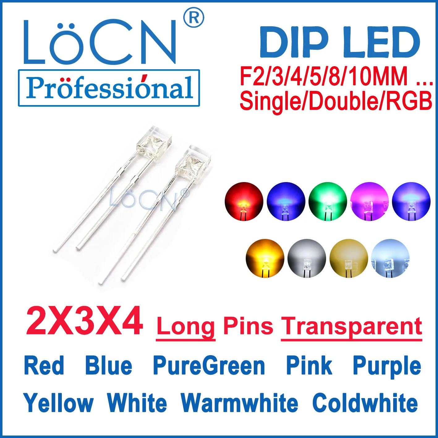 LoCN 1000pcs LED Diodes Squared 2x3x4 2*3*4 234 Red Blue Yellow Pink Purple Green Warm White Cold White Long Pins Transparent