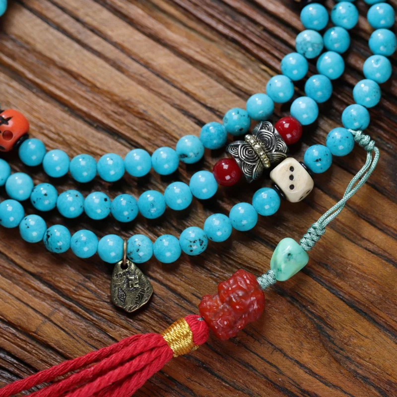 Tibetan Style 108 Green Turquoise Buddha Necklace Multi-Layer Bracelet Dzi Beads Dice Accessories Neck Sweater Chain