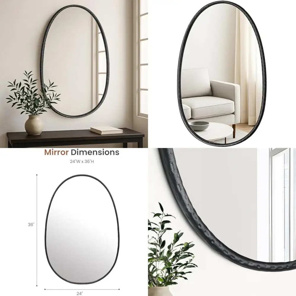 

Современное промышленное декоративное овальное зеркало — черный текстурированный металл 24x36 дюймов, органическая гальковая форма, идеально подходит для ванной комнаты и входа