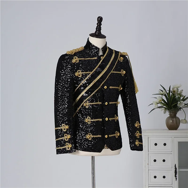 Blazer à sequins pour homme, tenue de performance décontractée pour l'extérieur, idéal pour invité de banquet, chanteur de rock ou membre de groupe, col montant