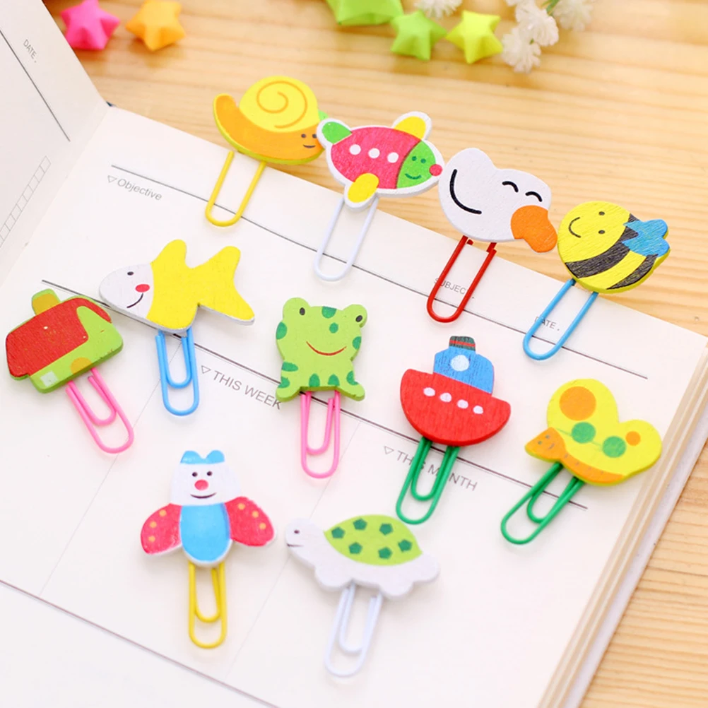 

12pcs Cartoon Animals Wooden Wood Paper Clip Note Mark Bookmark Stationery Gift for Children Kids (Mixed Styles)