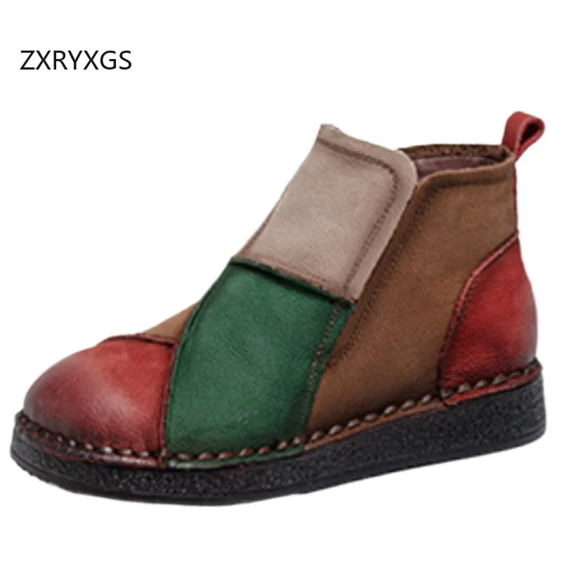

ZXRYXGS Top Cowhide Mixed Colors Splicing Women's Trendy Boots Flat Single Shoes Ankle Boots 2025 New Winter Warm Snow Boots