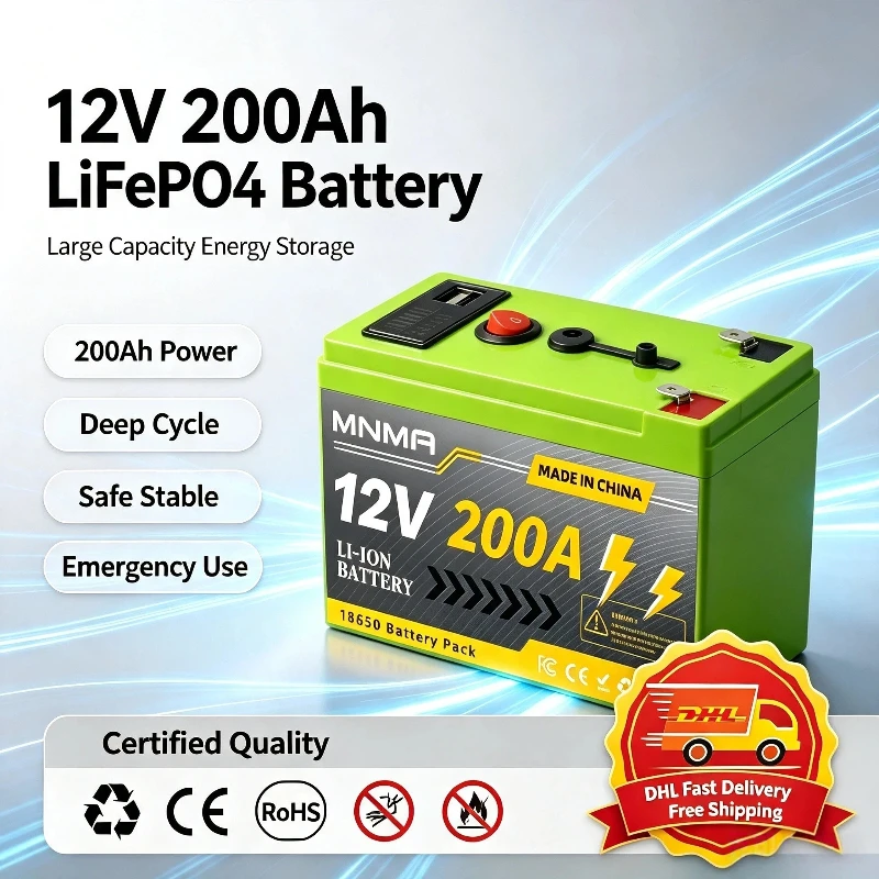 12V LiFePO4 200Ah Solar Battery, Deep Cycle Rechargeable Built-in BMS Lithium 200000mAhfor Power Wheels,Scooters