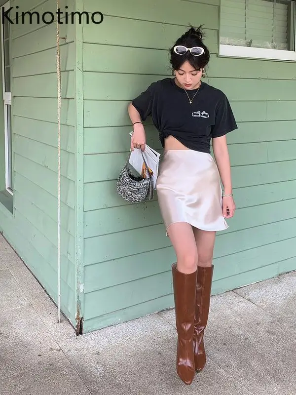 Kimotimo 2025 Summer Satin Fishtail Skirt Women Elegant Solid High Waisted Slim Fit A-line Hip Mini Skirts Versatile Lady Faldas