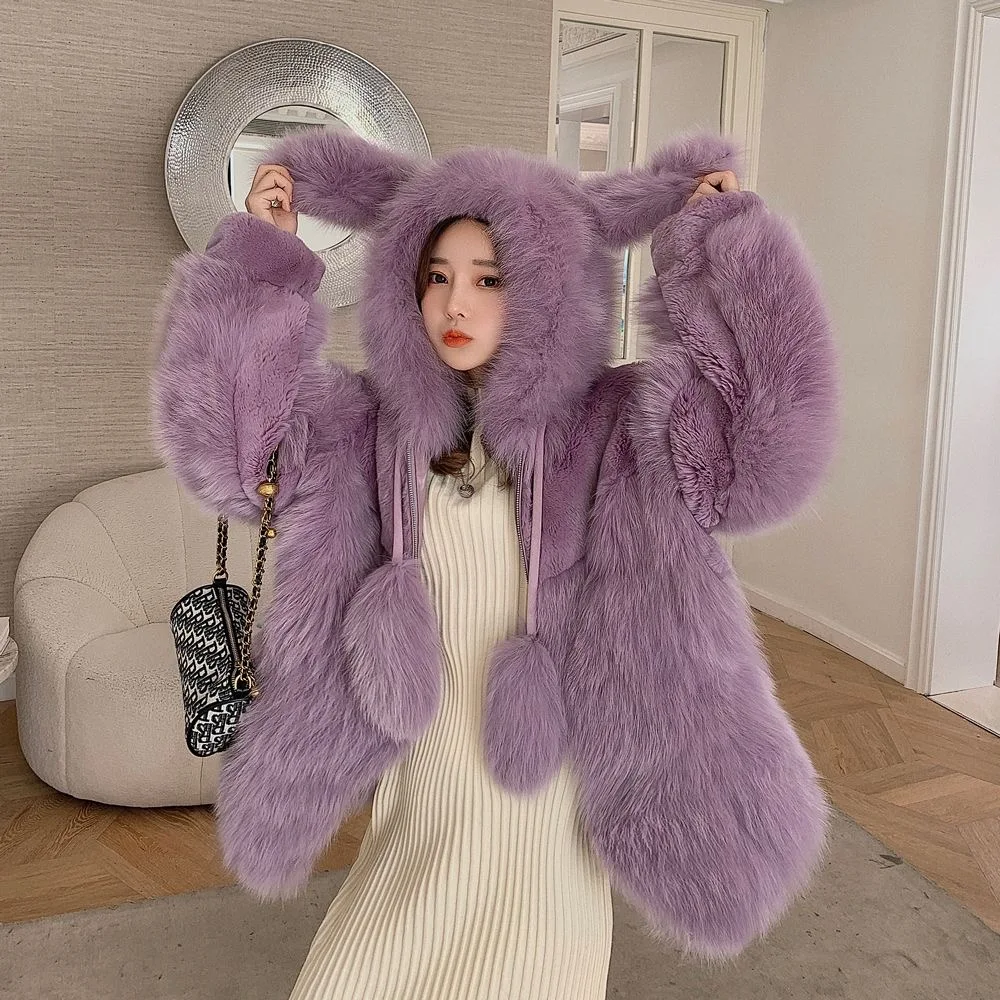 Fashion Luxury Knitted Fur Coat Women New Long Sleeve Purple Cute Rabbit Wool Jackets Autumn Winter Faux Fox Fur Coat With Hood