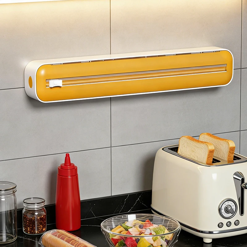 Wandmontierter Frischhaltefolienschneider mit Gleitschneider, 2-in-1 Aluminiumfolien- und Backpapierspender, Küchen-Aufbewahrungsregal