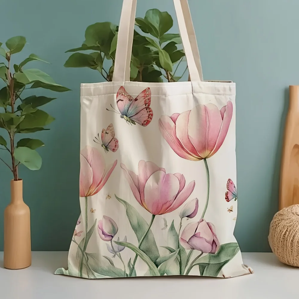A Pink tulip pattern Multi-functional Ladies Canvas Bag – Do