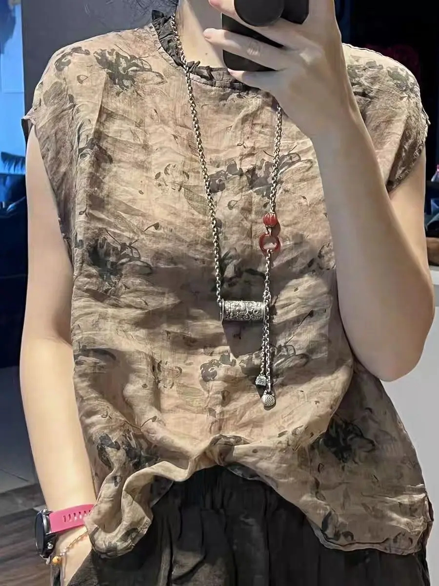 

Retro Floral Print Loose Fit Summer irt Thin round Ne ort Sve Versatile Casual Sle Women's Premium Quali Top