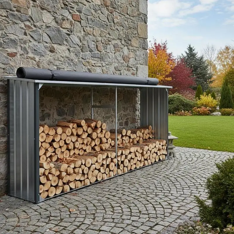 Abri à bois anthracite en acier galvanisé 330x92x153 cm, structure en acier robuste avec tubes latéraux, toit incliné pour l'évacuation de l'eau, lattes de sol surélevées pour bois de chauffage sec et aéré