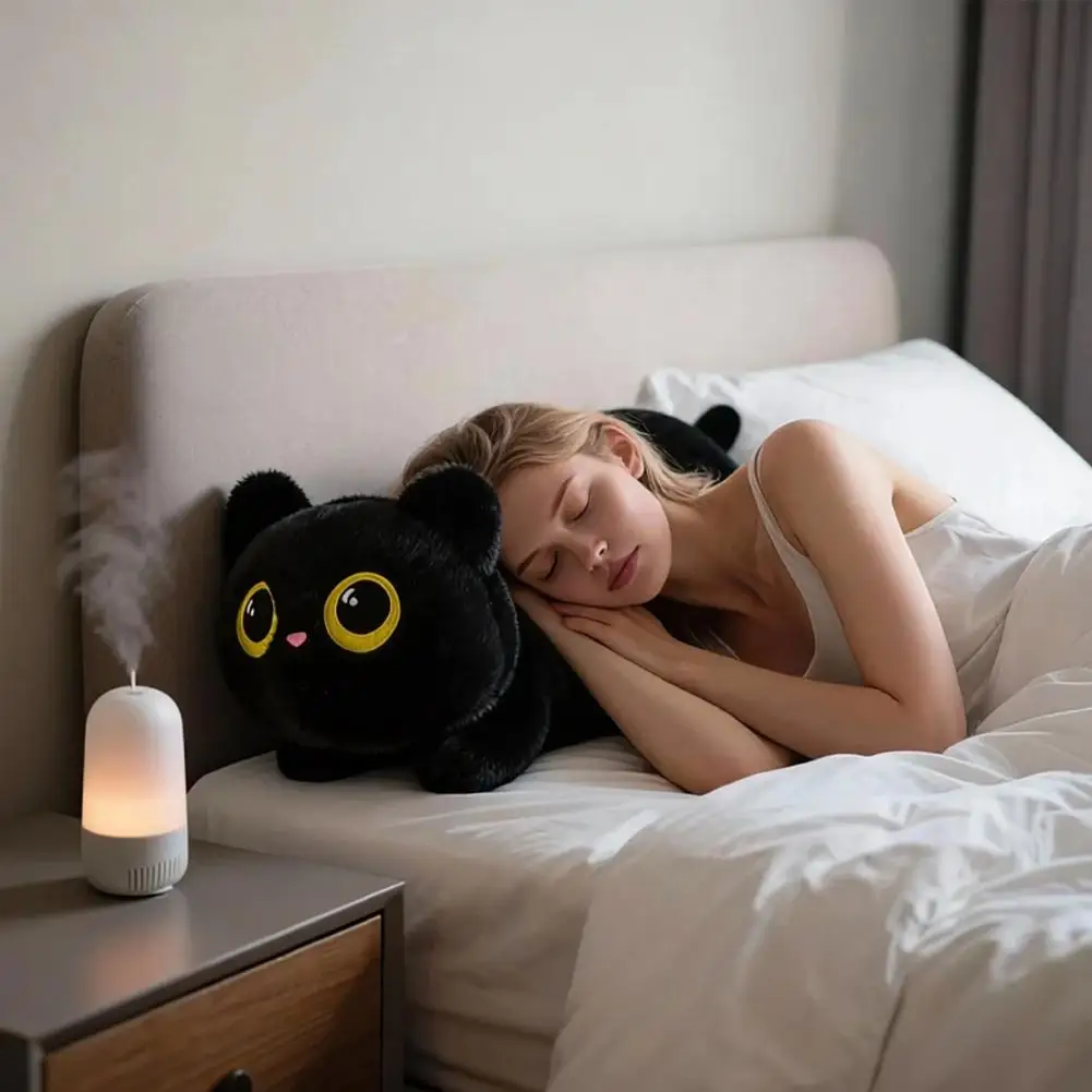 Travesseiro de pelúcia longo de 45cm, gato deitado, preto, cinza, brinquedo de pelúcia, almofada de dormir, descanso para as costas, travesseiro para crianças e adultos, acessórios