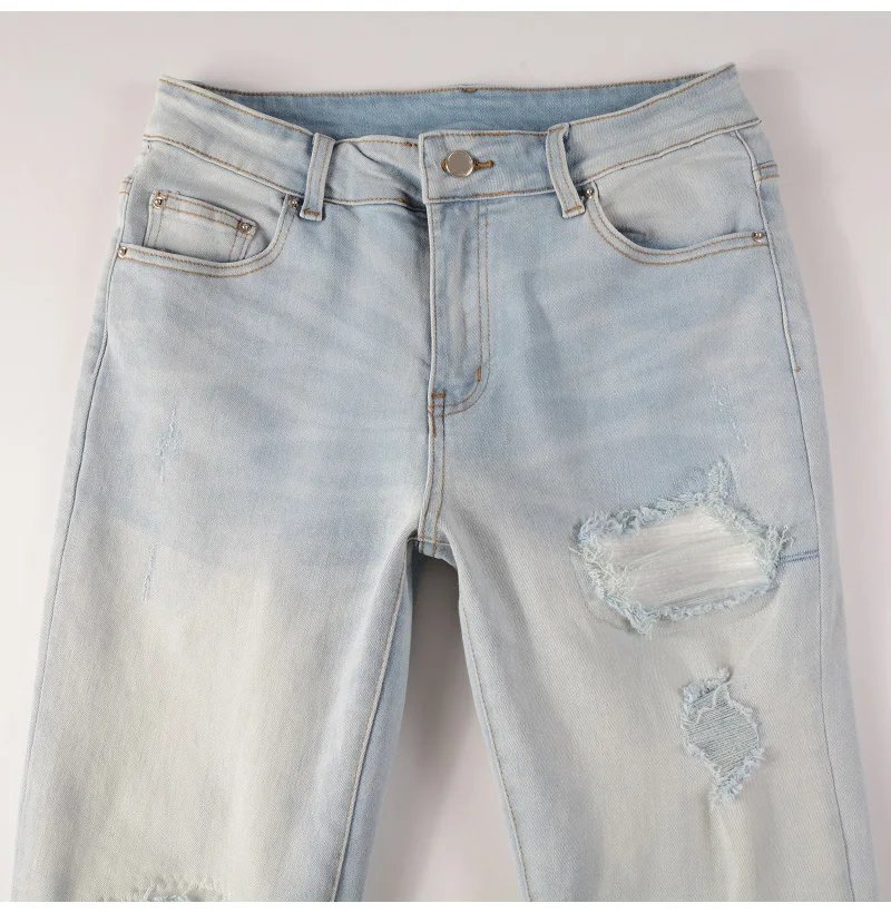 Herren Hellblaue Biker-Jeans mit Rissen, Falten und Patchwork-Design, Stretch-Denim-Hose, Streetwear, Löcher, Zerrissene Skinny-Hose – Detail 6