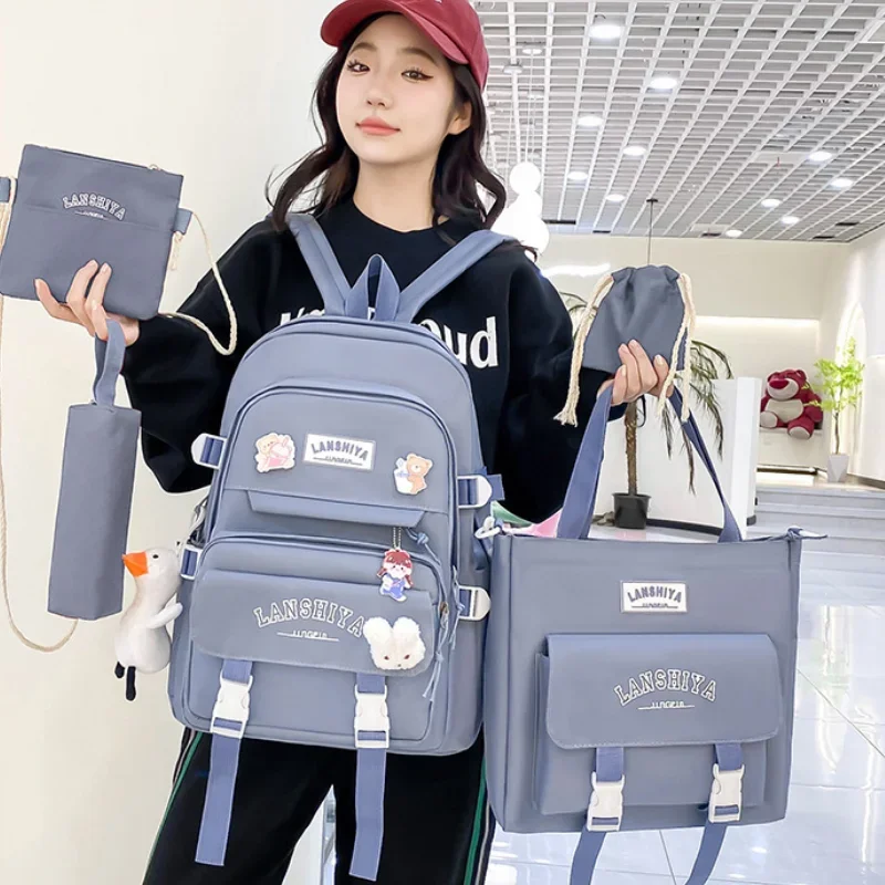 Tas Ransel Anak Perempuan untuk Sekolah Dasar, Tas Buku Anak, Tas Ransel Kasual Anti Air untuk Sekolah Dasar dan SMP, 5 Pcs/Set