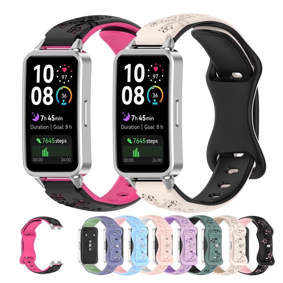 Image of 2-farbiges Armband mit gravierten Blumen für Huawei Band 11/11 Pro Sport-Armband Correa-Armband für Huawei Band 11 11 Pro Armband